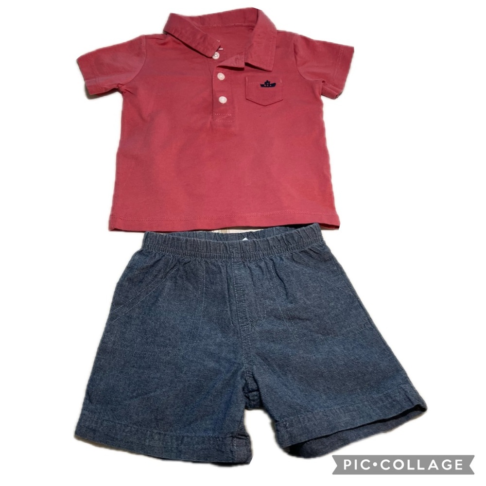 carter's pink polo and blue shorts 12M